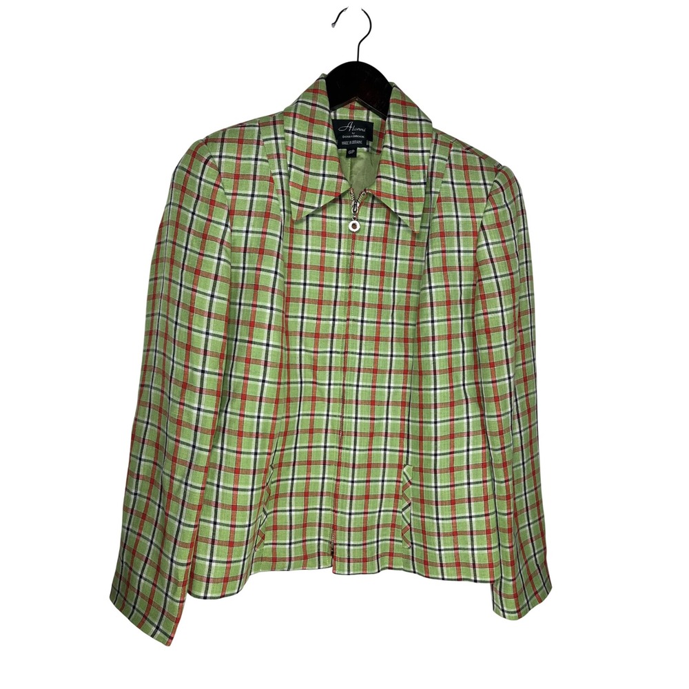 Alanni by Donnybrook Jacket Plaid Zip Up 6P Green Linen Blend Pointed Collar Y2K